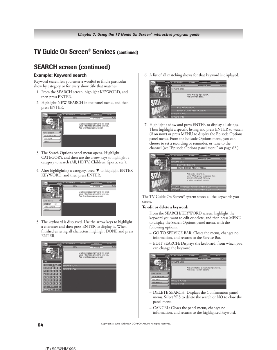 Tv guide on screen, Services, Search screen (continued) | Toshiba 52HMX95 User Manual | Page 64 / 136