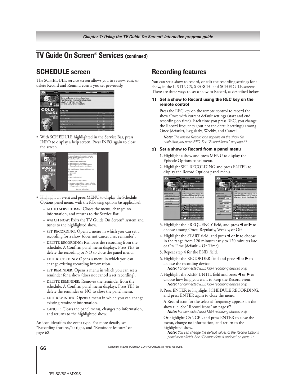 Tv guide on screen, Services, Schedule screen | Recording features | Toshiba 52HMX95 User Manual | Page 66 / 136