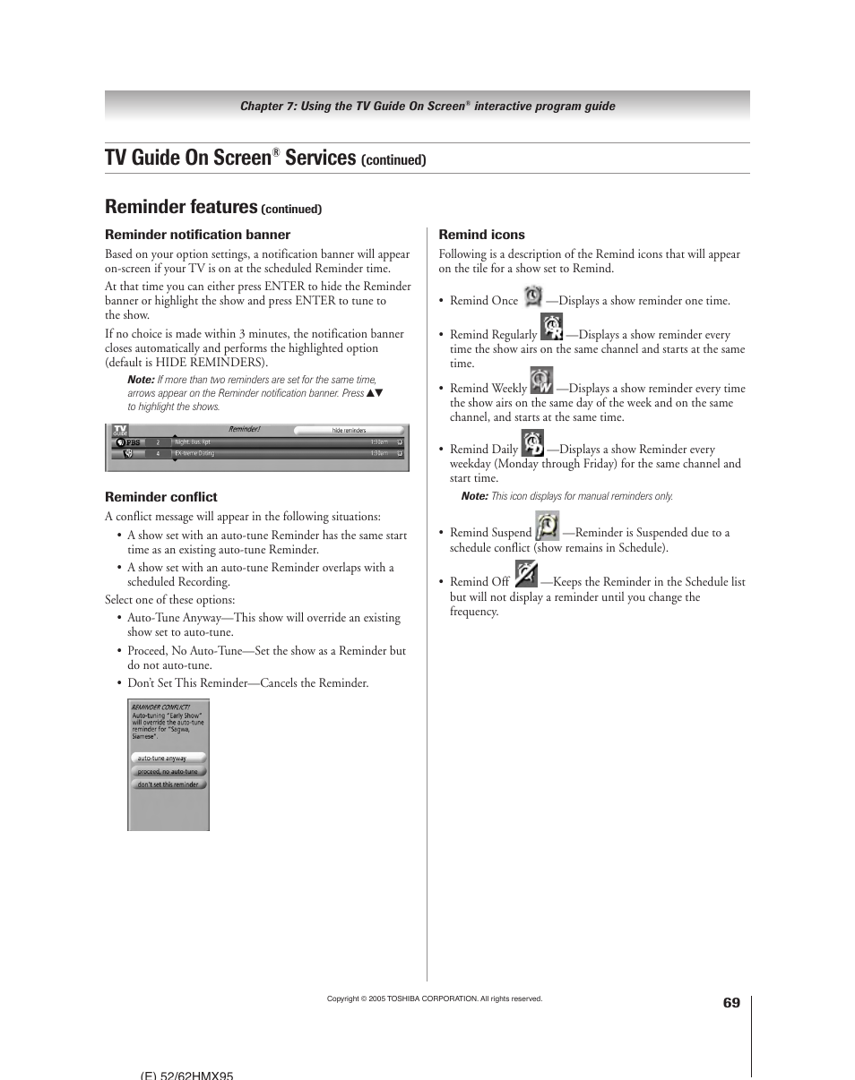 Tv guide on screen, Services, Reminder features | Toshiba 52HMX95 User Manual | Page 69 / 136