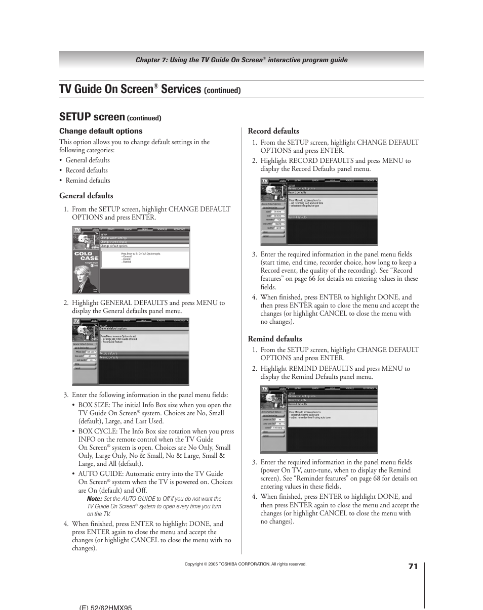 Tv guide on screen, Services, Setup screen | Toshiba 52HMX95 User Manual | Page 71 / 136