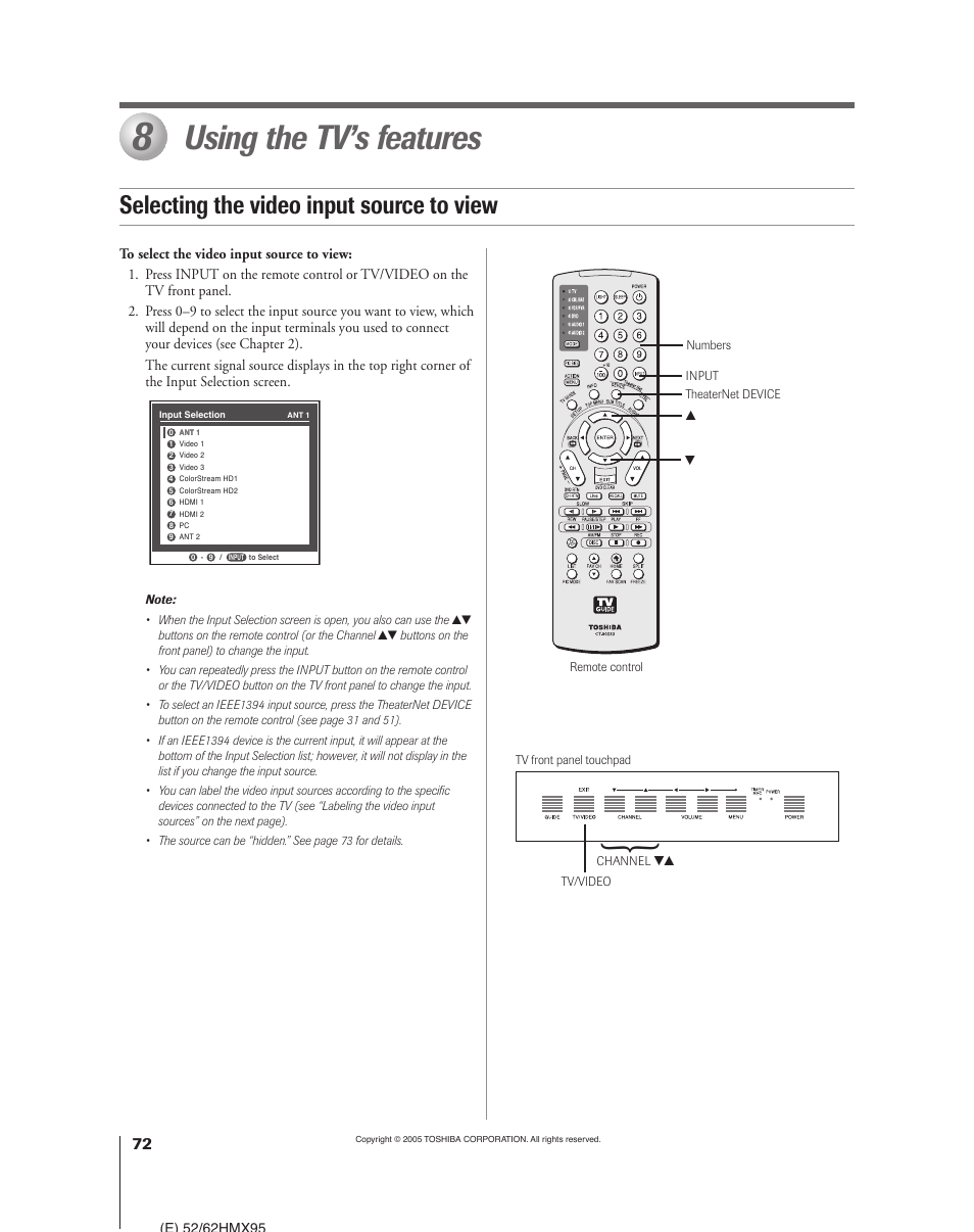 Using the tv’s features, Selecting the video input source to view | Toshiba 52HMX95 User Manual | Page 72 / 136