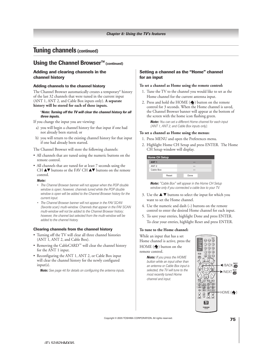 Tuning channels, Using the channel browser | Toshiba 52HMX95 User Manual | Page 75 / 136