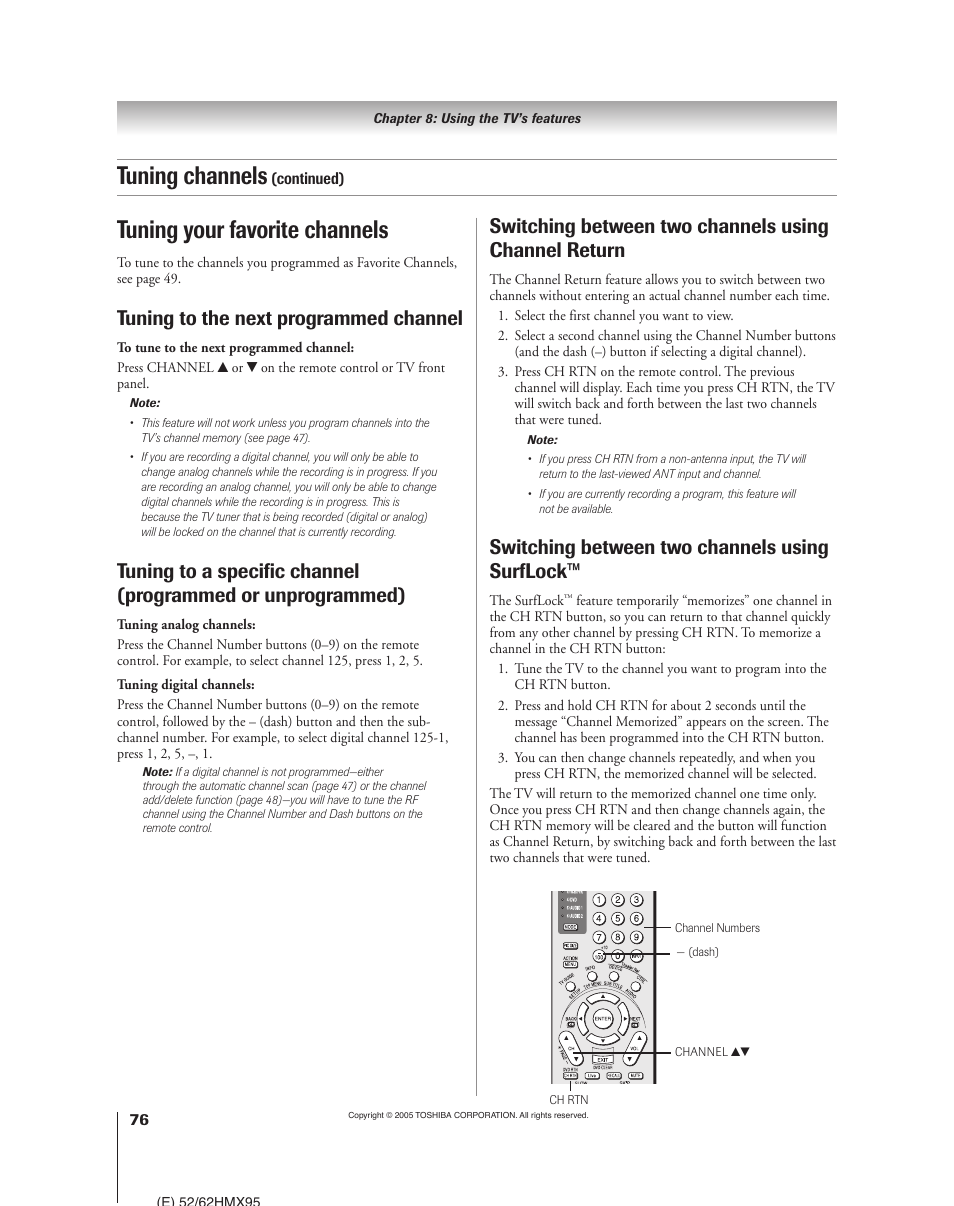 Tuning your favorite channels, Tuning channels, Tuning to the next programmed channel | Switching between two channels using surflock | Toshiba 52HMX95 User Manual | Page 76 / 136