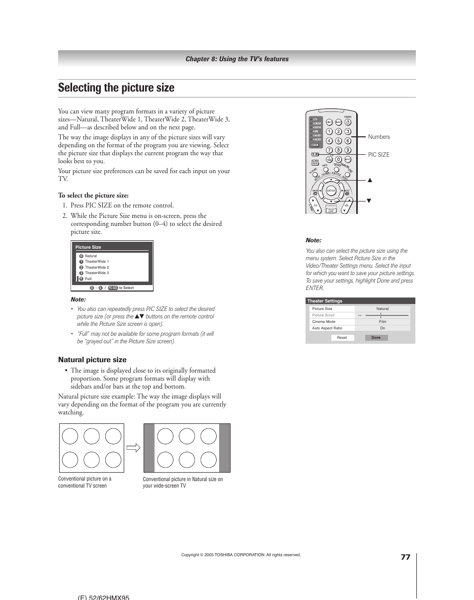 Selecting the picture size, Natural picture size | Toshiba 52HMX95 User Manual | Page 77 / 136