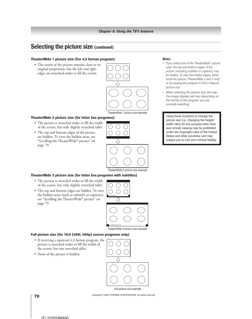 Selecting the picture size, Continued) | Toshiba 52HMX95 User Manual | Page 78 / 136