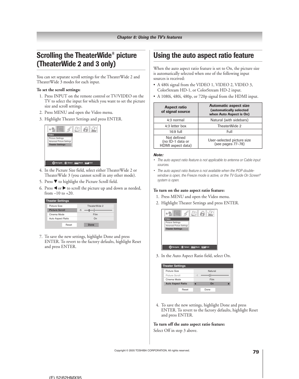 Using the auto aspect ratio feature, Scrolling the theaterwide, Picture (theaterwide 2 and 3 only) | Toshiba 52HMX95 User Manual | Page 79 / 136
