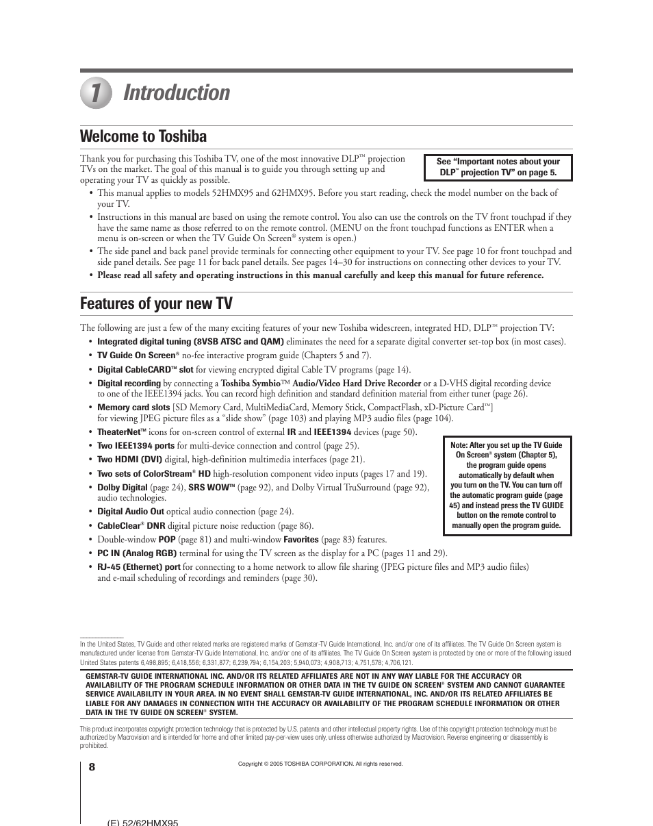 Introduction, Welcome to toshiba features of your new tv | Toshiba 52HMX95 User Manual | Page 8 / 136