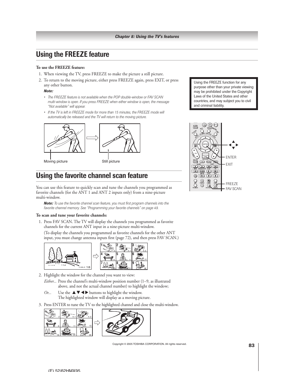 Using the favorite channel scan feature, Using the freeze feature | Toshiba 52HMX95 User Manual | Page 83 / 136