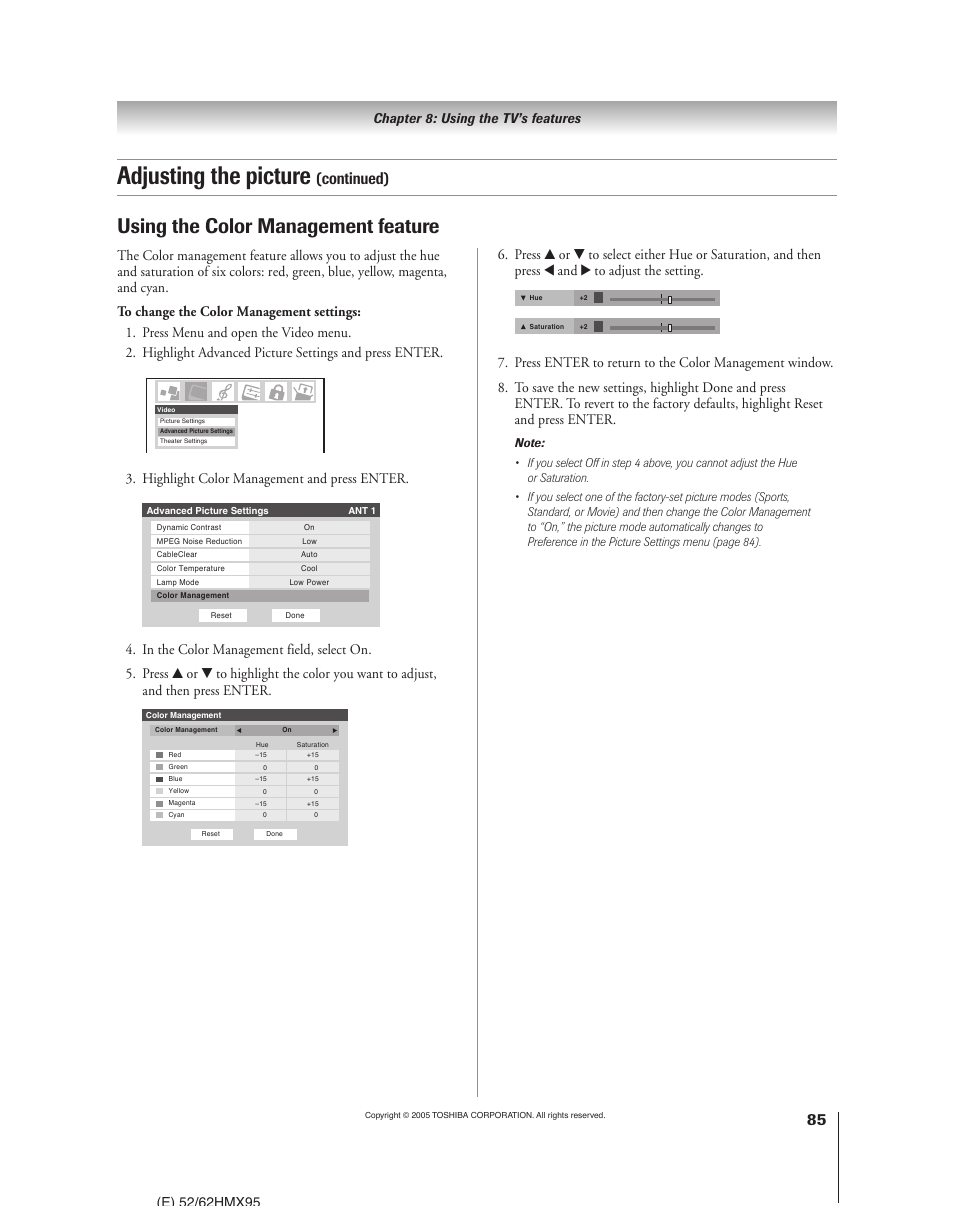 Adjusting the picture, Using the color management feature, Continued) | Highlight color management and press enter, Chapter 8: using the tv’s features | Toshiba 52HMX95 User Manual | Page 85 / 136