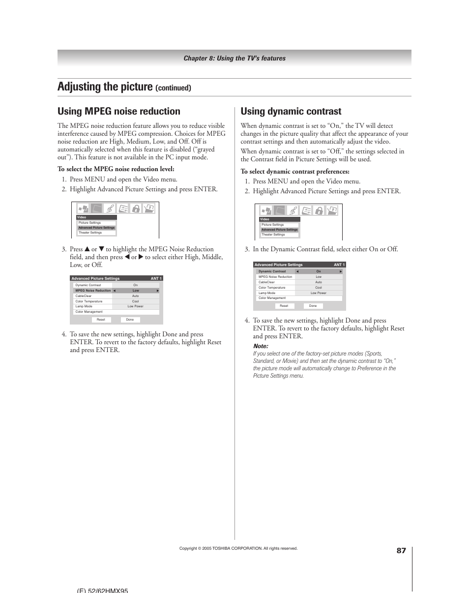 Adjusting the picture, Using mpeg noise reduction, Using dynamic contrast | Continued), Chapter 8: using the tv’s features | Toshiba 52HMX95 User Manual | Page 87 / 136