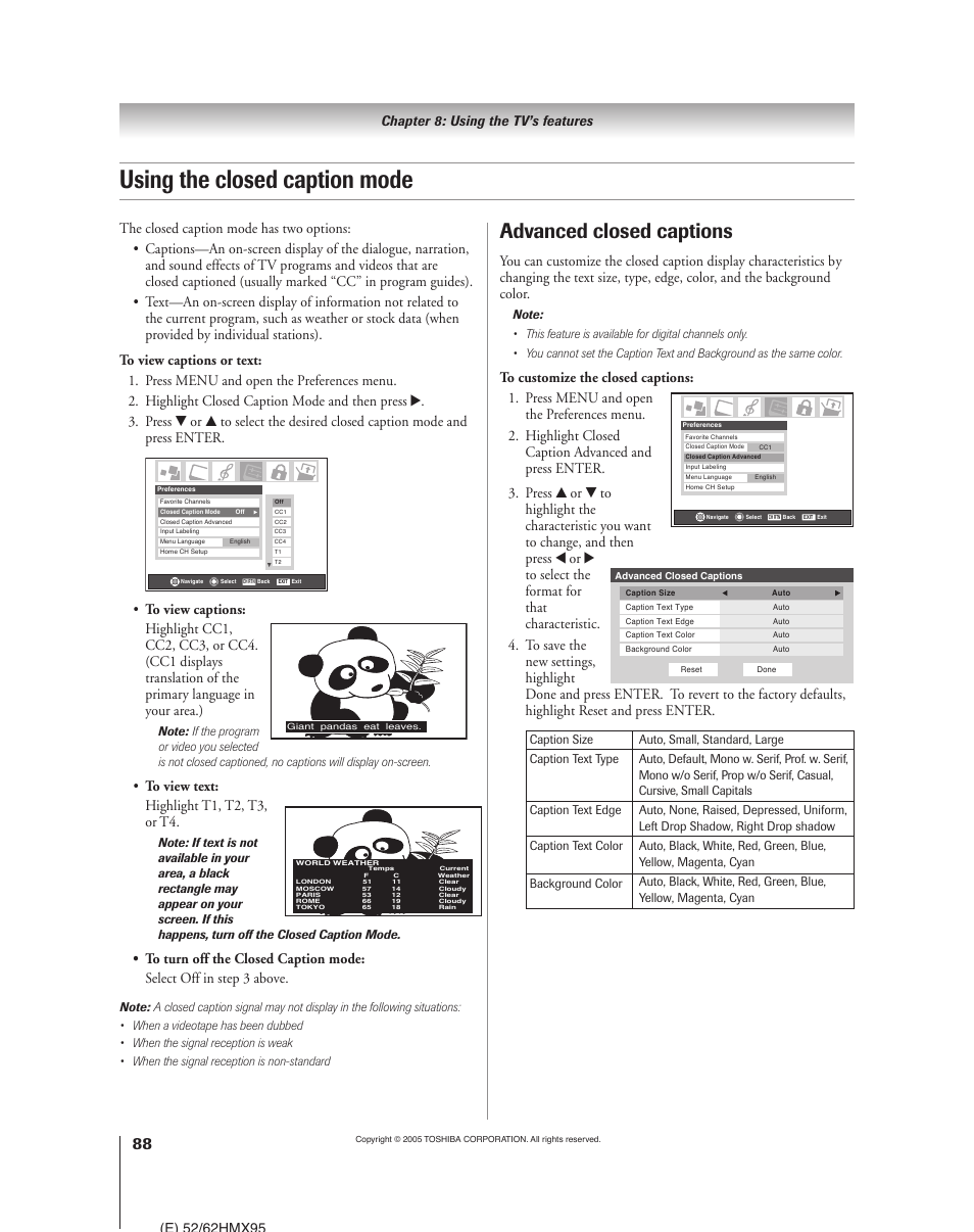 Using the closed caption mode, Advanced closed captions | Toshiba 52HMX95 User Manual | Page 88 / 136