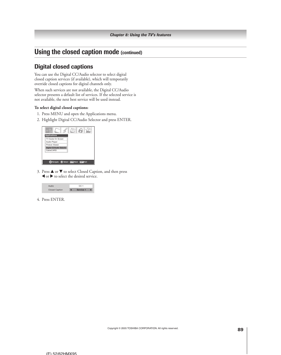 Using the closed caption mode, Digital closed captions, Continued) | Press enter | Toshiba 52HMX95 User Manual | Page 89 / 136