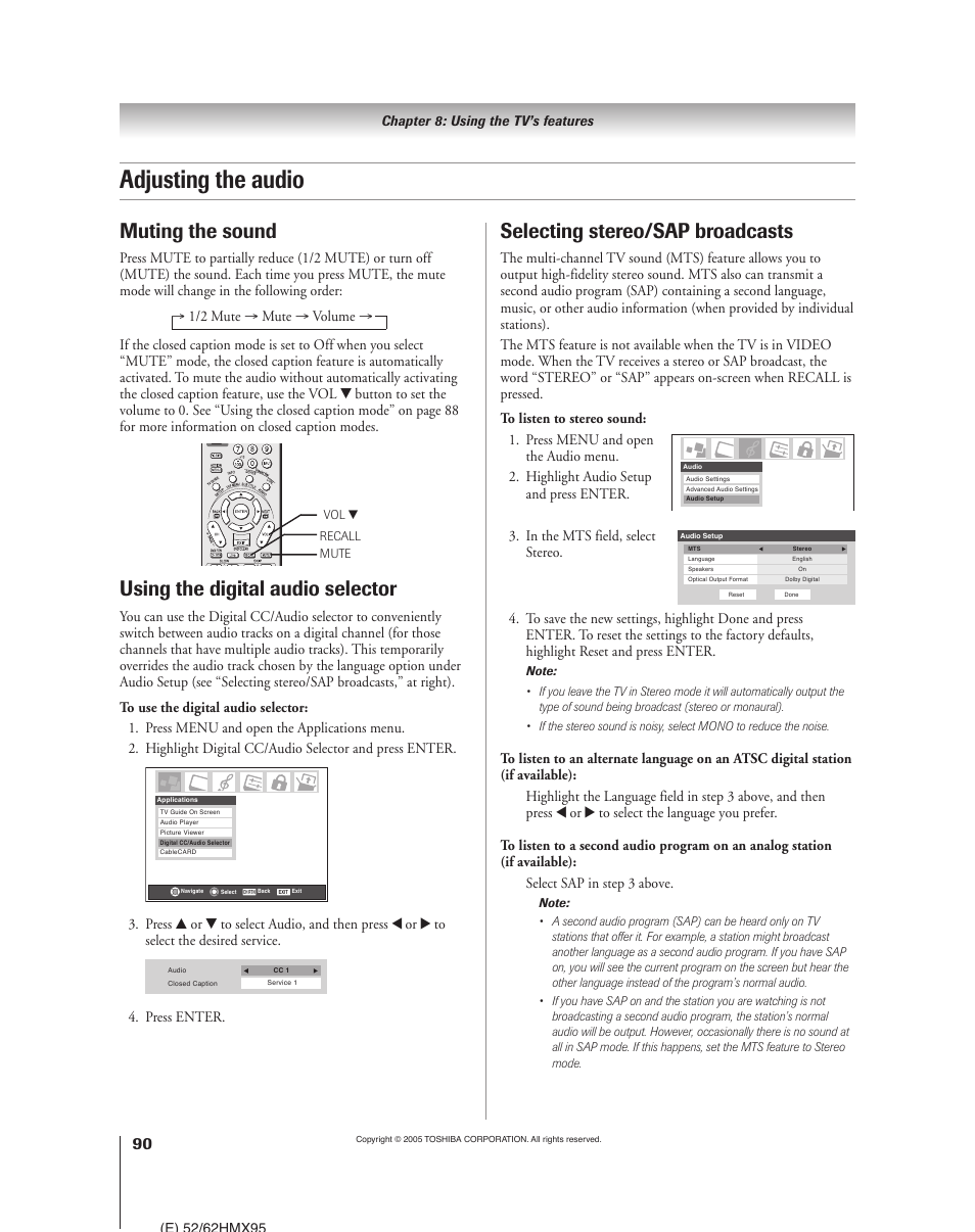 Adjusting the audio, Muting the sound, Selecting stereo/sap broadcasts | Using the digital audio selector | Toshiba 52HMX95 User Manual | Page 90 / 136