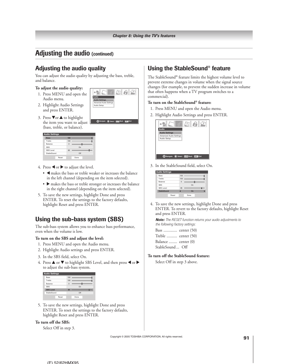 Adjusting the audio, Adjusting the audio quality, Using the sub-bass system (sbs) | Using the stablesound, Feature, Continued), The stablesound, Chapter 8: using the tv’s features | Toshiba 52HMX95 User Manual | Page 91 / 136