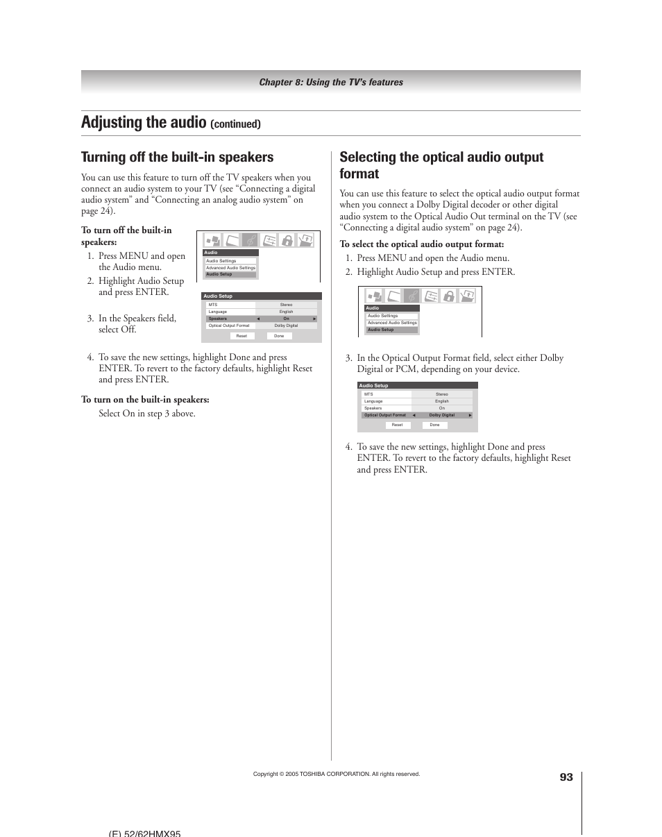 Adjusting the audio, Turning off the built-in speakers, Selecting the optical audio output format | Continued) | Toshiba 52HMX95 User Manual | Page 93 / 136