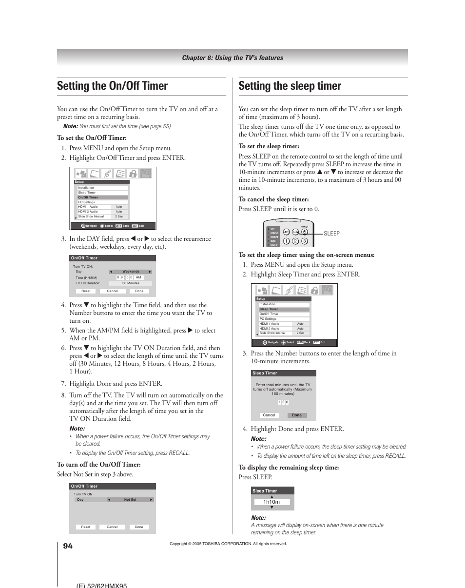 Setting the sleep timer, Setting the on/off timer, Highlight done and press enter | Chapter 8: using the tv’s features | Toshiba 52HMX95 User Manual | Page 94 / 136