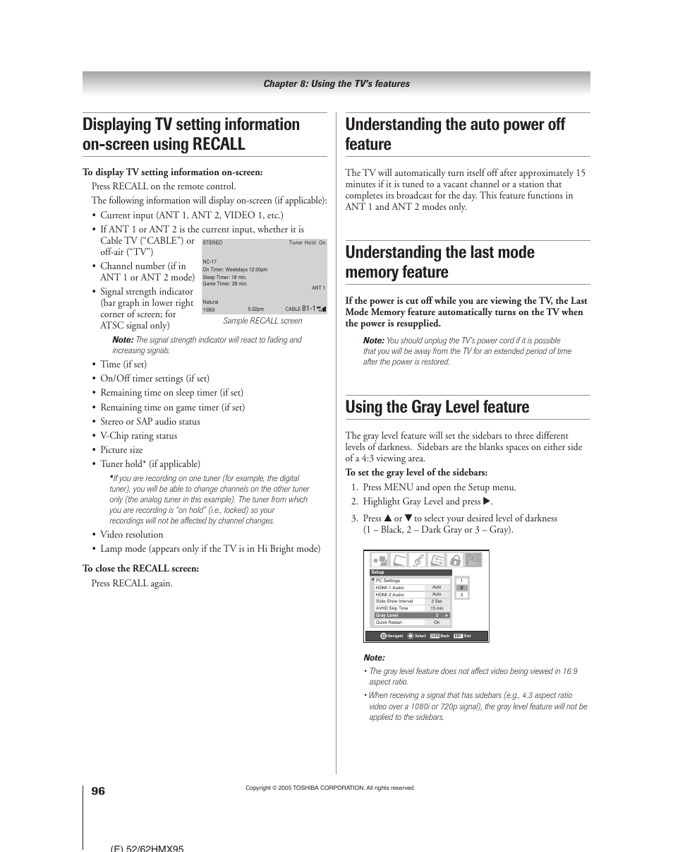 Understanding the auto power off feature, Using the gray level feature | Toshiba 52HMX95 User Manual | Page 96 / 136