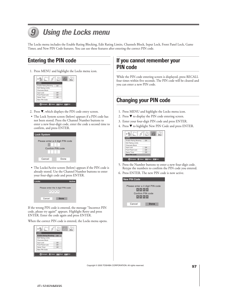 Using the locks menu, If you cannot remember your pin code, Entering the pin code changing your pin code | Press menu and highlight the locks menu icon | Toshiba 52HMX95 User Manual | Page 97 / 136