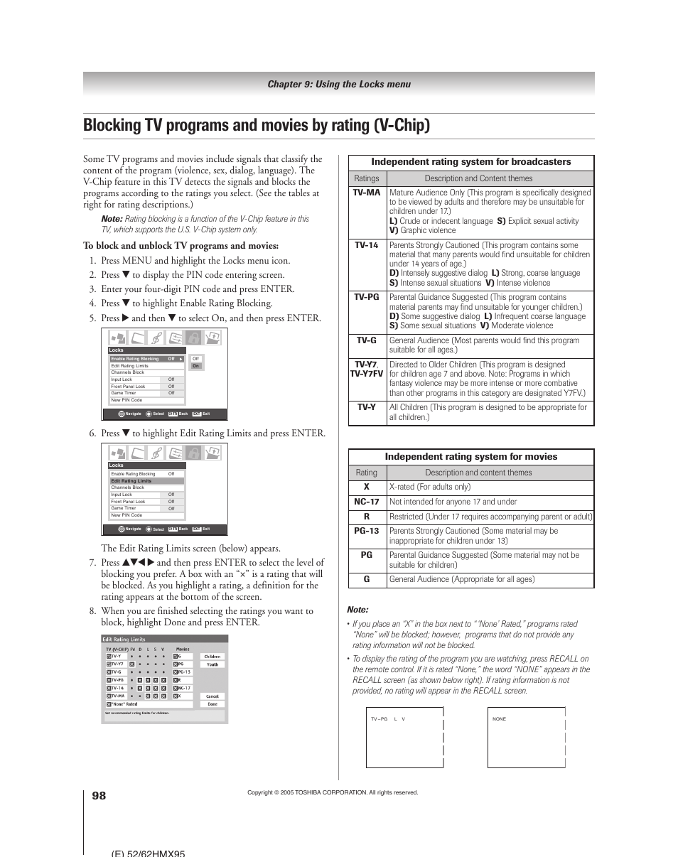 Blocking tv programs and movies by rating (v-chip) | Toshiba 52HMX95 User Manual | Page 98 / 136