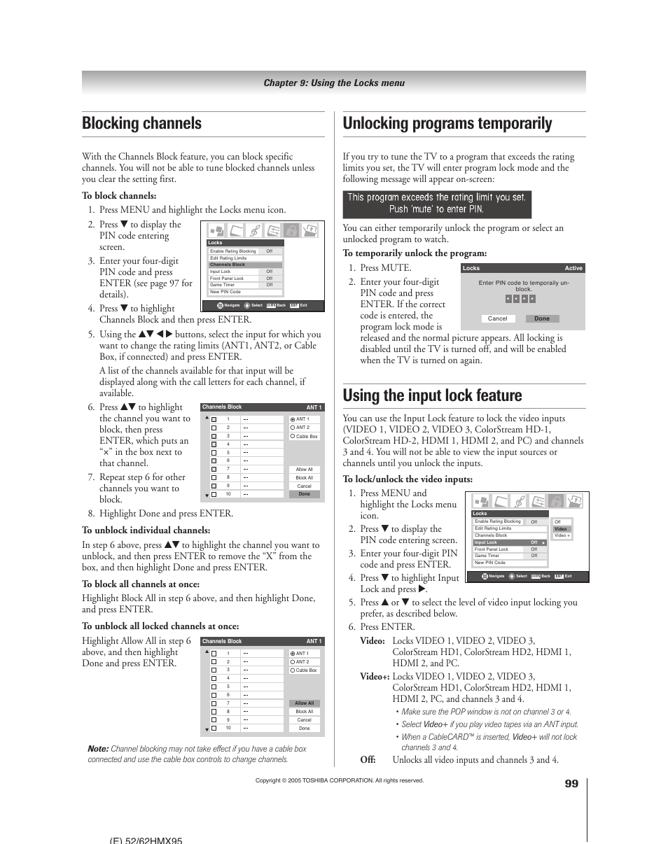 Using the input lock feature, Blocking channels, Unlocking programs temporarily | Off: unlocks all video inputs and channels 3 and 4 | Toshiba 52HMX95 User Manual | Page 99 / 136