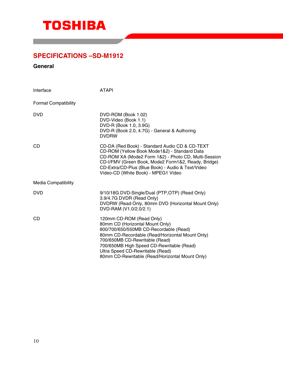 Specifications –sd-m1912 | Toshiba SD-M1912 User Manual | Page 12 / 17