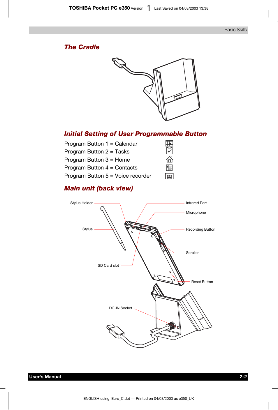 The cradle, Initial setting of user programmable button, Main unit (back view) | Toshiba e350 User Manual | Page 20 / 105