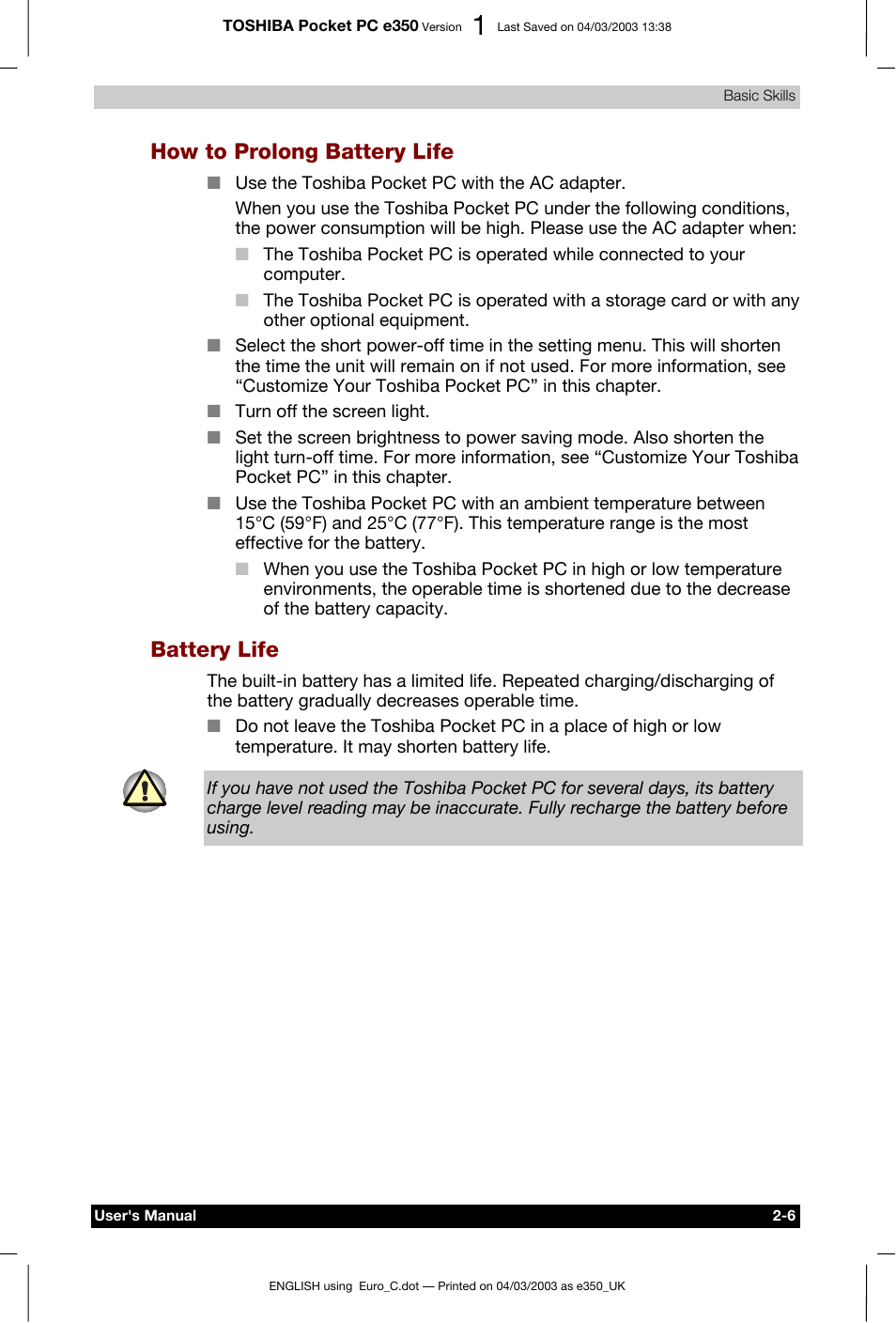 How to prolong battery life, Battery life | Toshiba e350 User Manual | Page 24 / 105