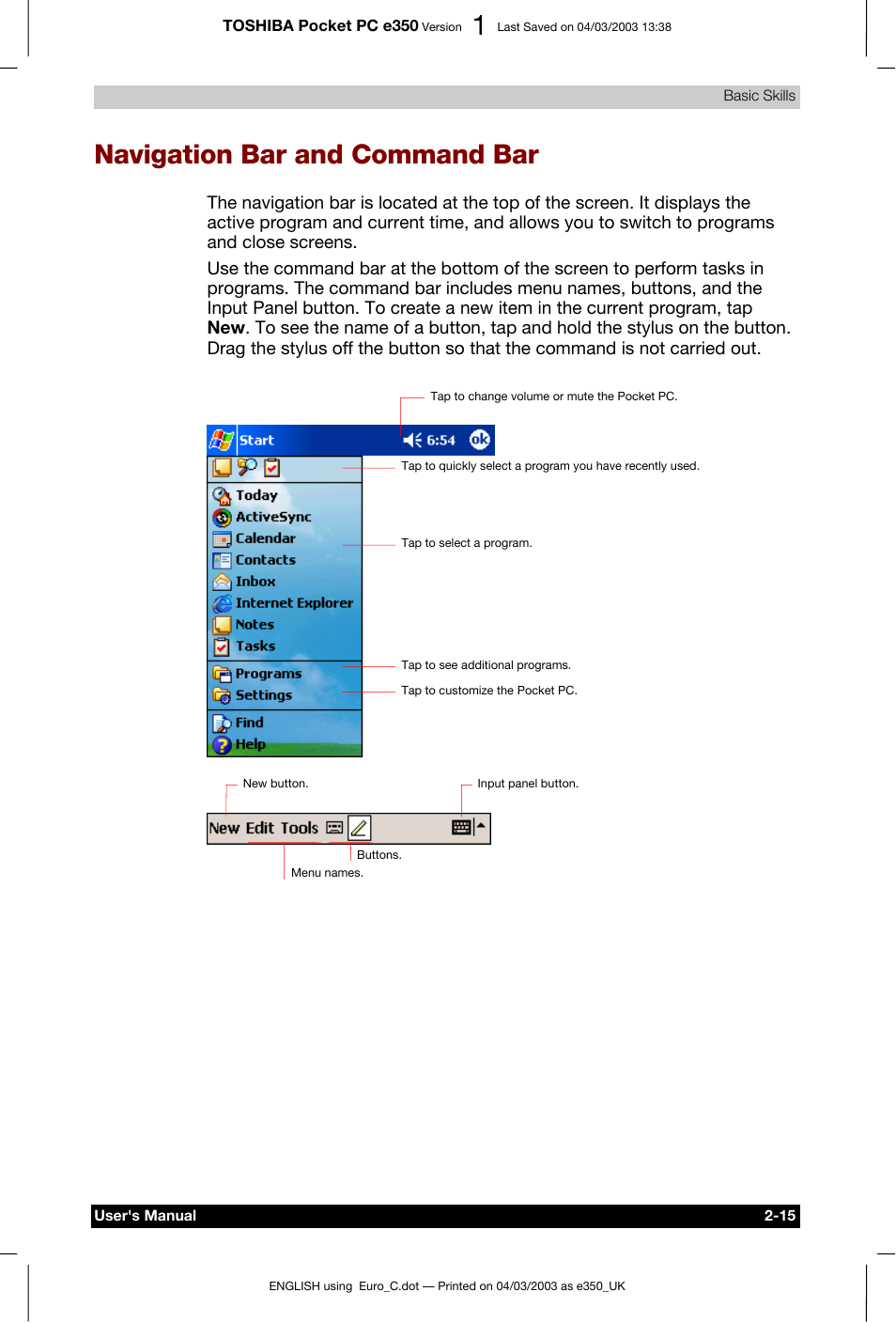 Navigation bar and command bar | Toshiba e350 User Manual | Page 33 / 105