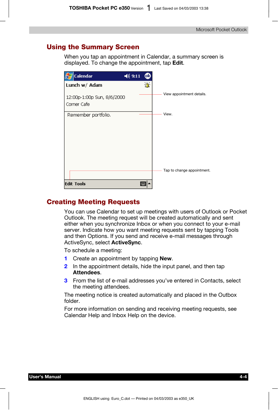 Using the summary screen, Creating meeting requests | Toshiba e350 User Manual | Page 56 / 105