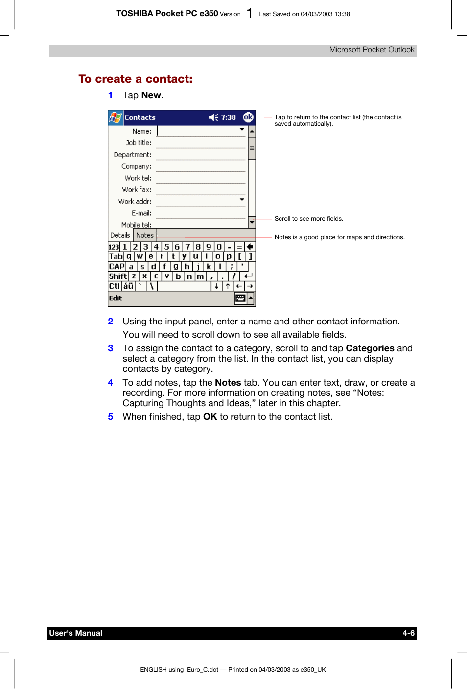 To create a contact | Toshiba e350 User Manual | Page 58 / 105