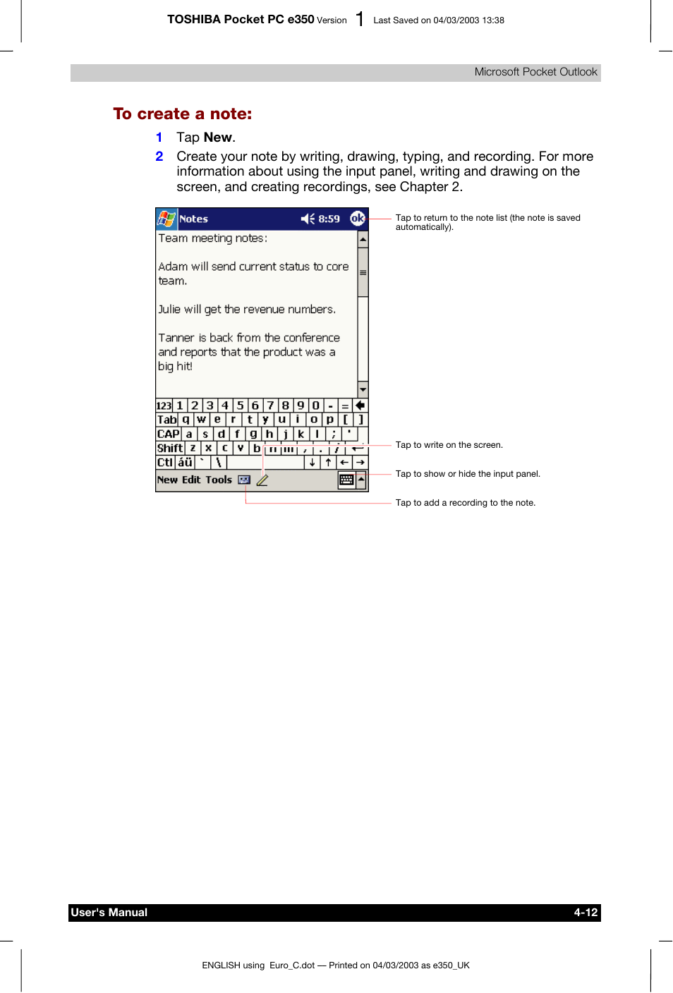 To create a note, A note: -12 | Toshiba e350 User Manual | Page 64 / 105