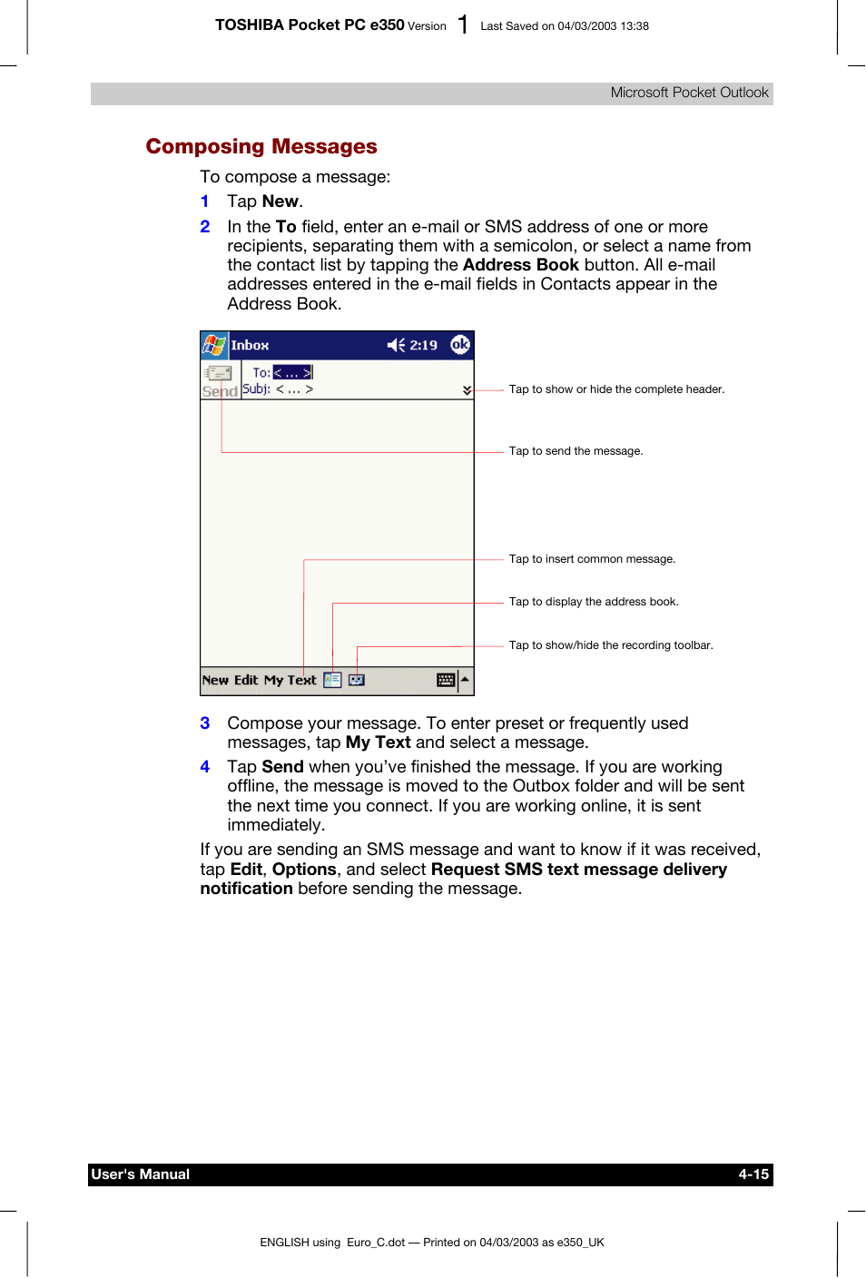 Composing messages | Toshiba e350 User Manual | Page 67 / 105