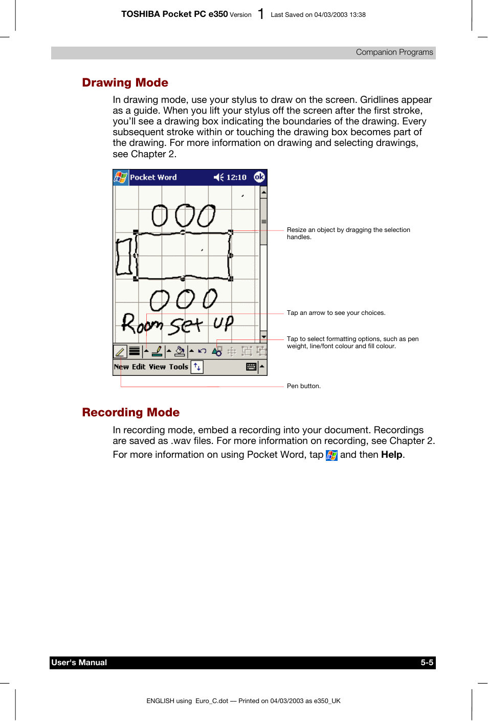 Drawing mode, Recording mode | Toshiba e350 User Manual | Page 73 / 105