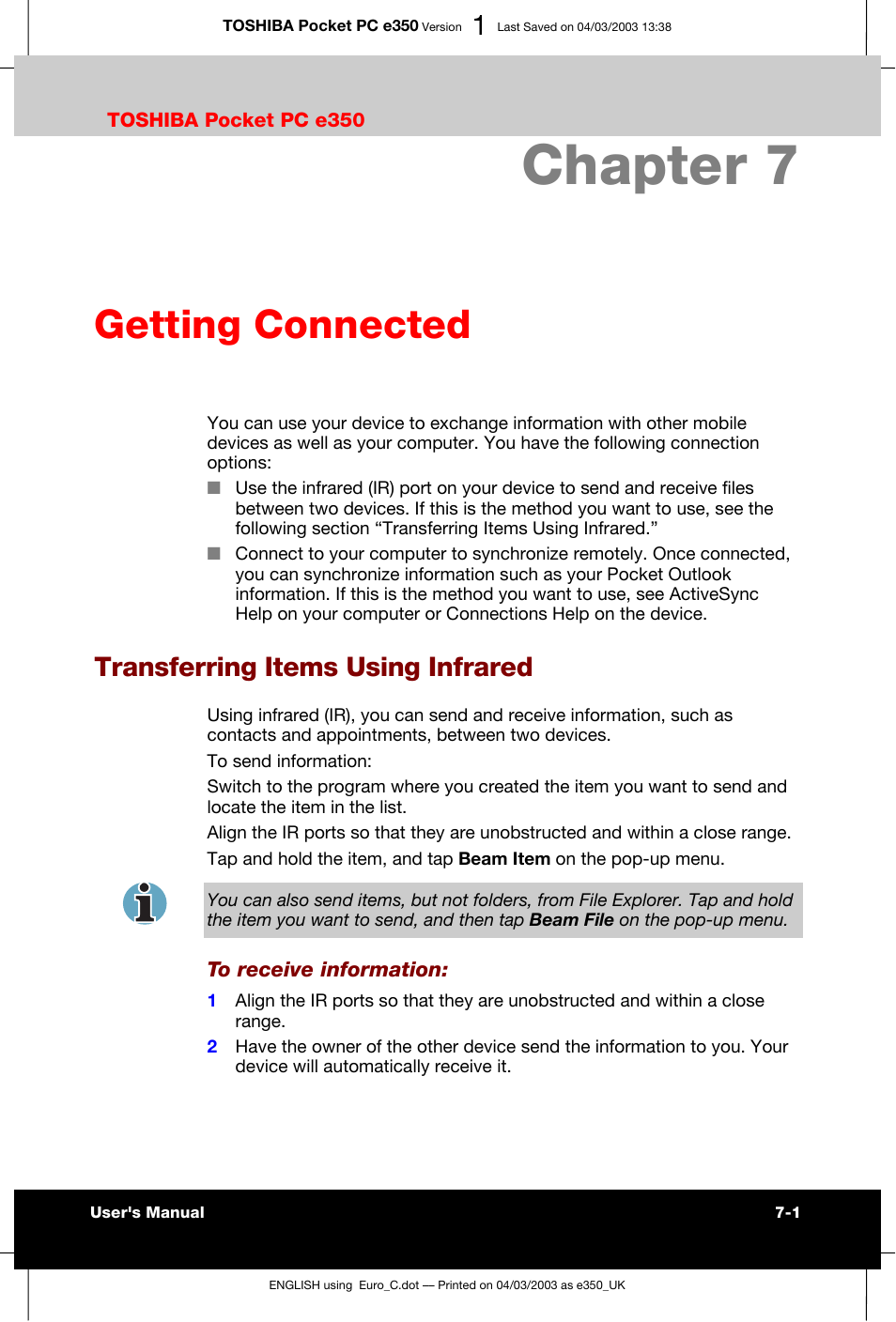 Chapter 7 getting connected, Transferring items using infrared, Chapter 7 | Getting connected | Toshiba e350 User Manual | Page 80 / 105