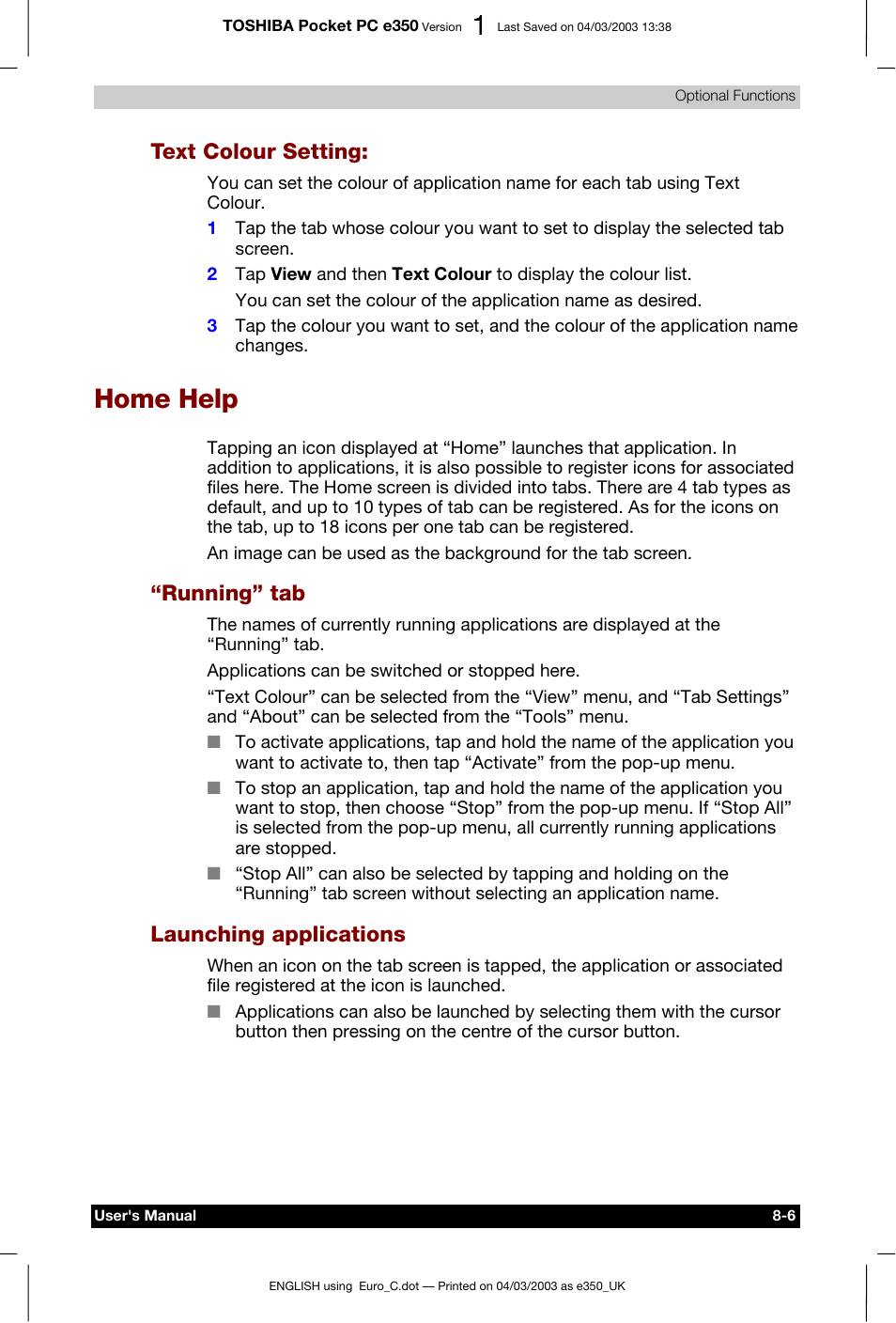 Text colour setting, Home help, Running” tab | Launching applications | Toshiba e350 User Manual | Page 87 / 105