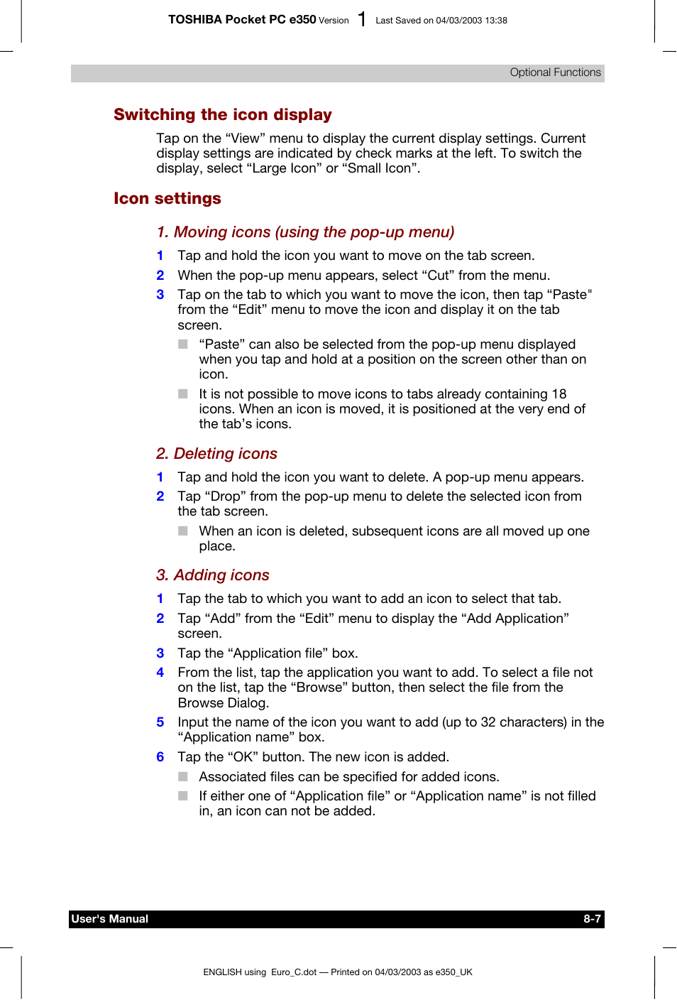 Switching the icon display, Icon settings | Toshiba e350 User Manual | Page 88 / 105