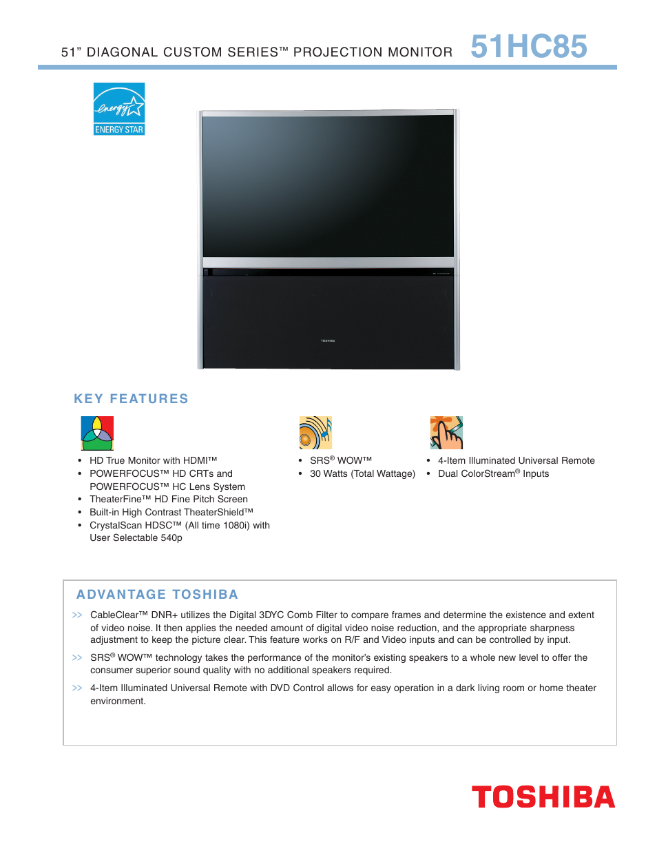 Toshiba 51HC85 User Manual | 2 pages