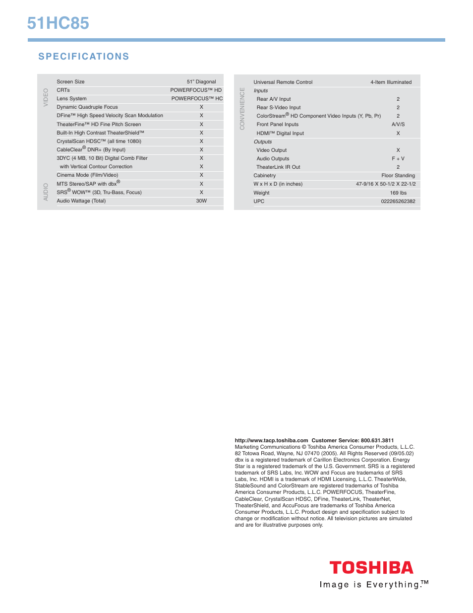 51hc85 | Toshiba 51HC85 User Manual | Page 2 / 2