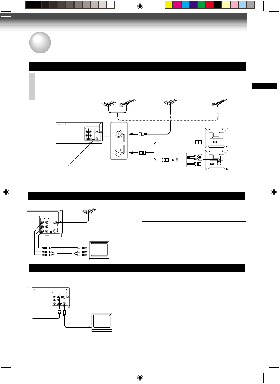 Connections, Antenna/vcr/tv, Audio/video - cable | Antenna/vcr/tv connection, Audio/video connections, Cable connection, Connect the rf out terminal to the tv, You will need to, Prep ara tion, Preparation | Toshiba W-622 User Manual | Page 11 / 33