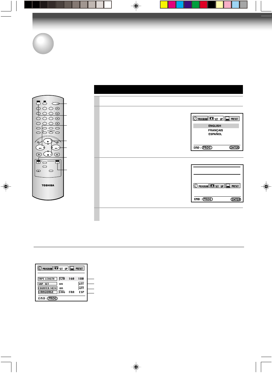 Initial settings using on-screen display, Setting the language, 14 optional settings on the set up screen | Press power to turn on the vcr, Press prog, Press prog. to return to the normal tv screen, The following screen appears on the tv, The screen turns to the menu screen | Toshiba W-622 User Manual | Page 14 / 33