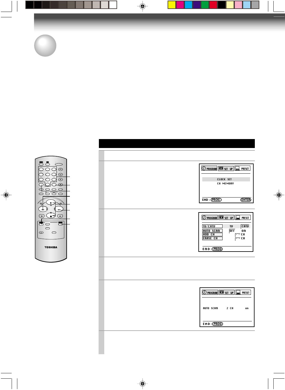Storing channels on the vcr, Incoming antenna/cable(catv) signals, Press prog . to display the menu screen | Select “preset” using ff or rew , and press enter, Set “tv/catv“ to “tv” or “catv” using ff or rew, Press prog. twice to exit | Toshiba W-622 User Manual | Page 16 / 33