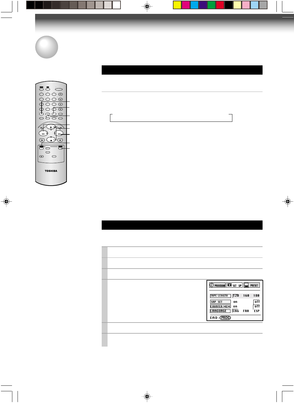 Useful functions in tape operation, Tape remaining time, Counter function | Turn on the vcr and load a cassette, Press prog. to display the menu screen, Select “set up” using ff or rew , and press enter, Select the length of the tape, using ff or rew, Press prog. once to exit, Press remain/counter, These functions will help your playback | Toshiba W-622 User Manual | Page 22 / 33