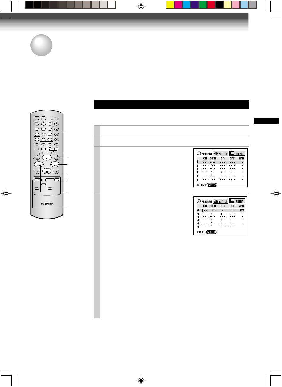 Timer program, Timer program recording, Timer programming procedure | Load a cassette with the safety tab attached, Press prog . to display the menu screen, Select “program” using ff or rew , and press enter | Toshiba W-622 User Manual | Page 25 / 33