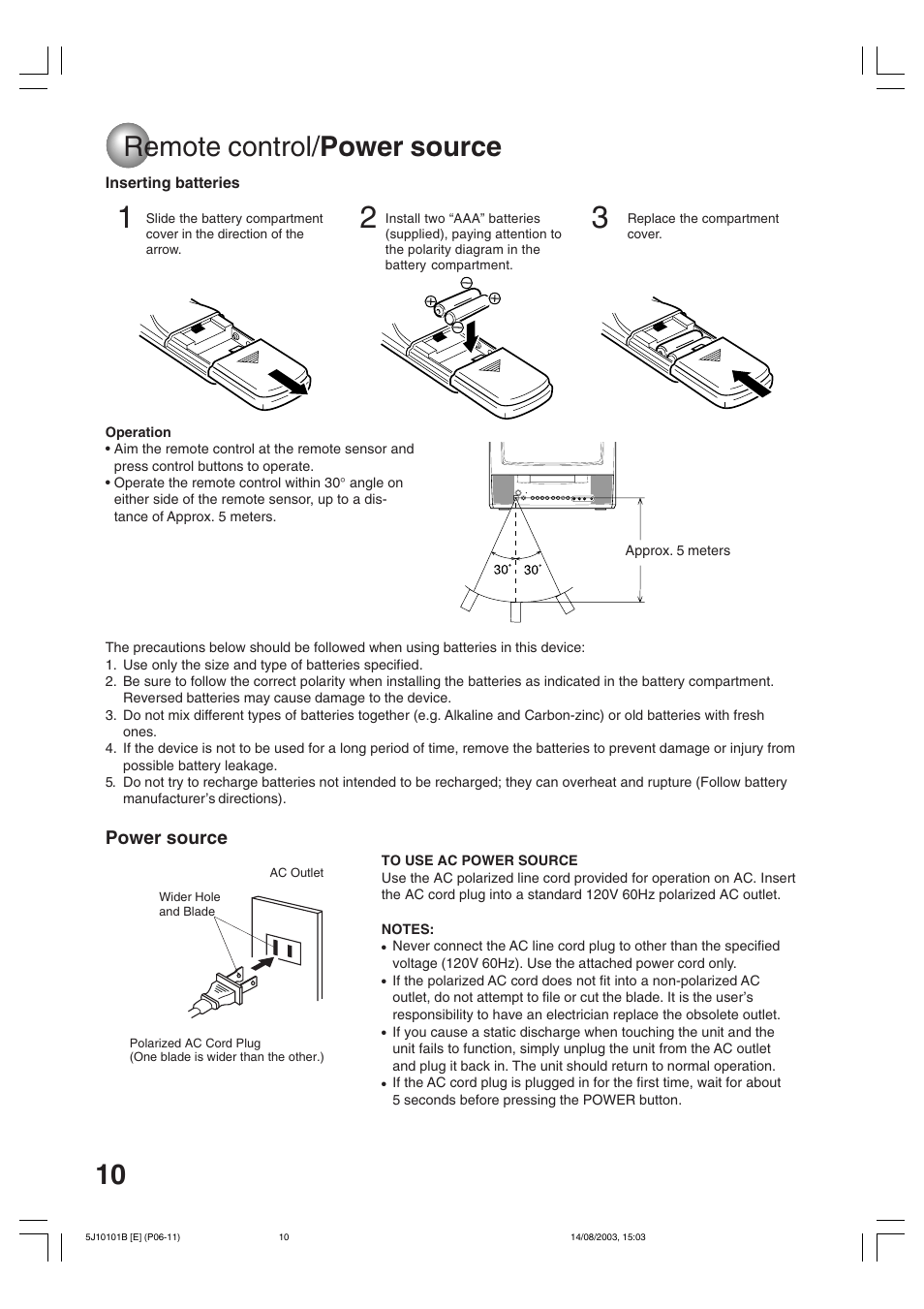 Remote control/ power source | Toshiba MD19N1/R User Manual | Page 10 / 47