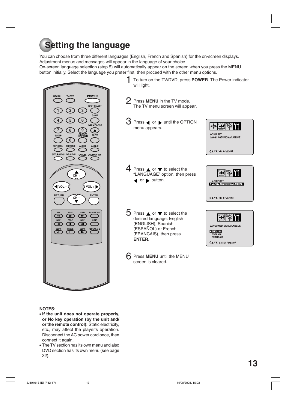 Tv operation, Setting the language | Toshiba MD19N1/R User Manual | Page 13 / 47