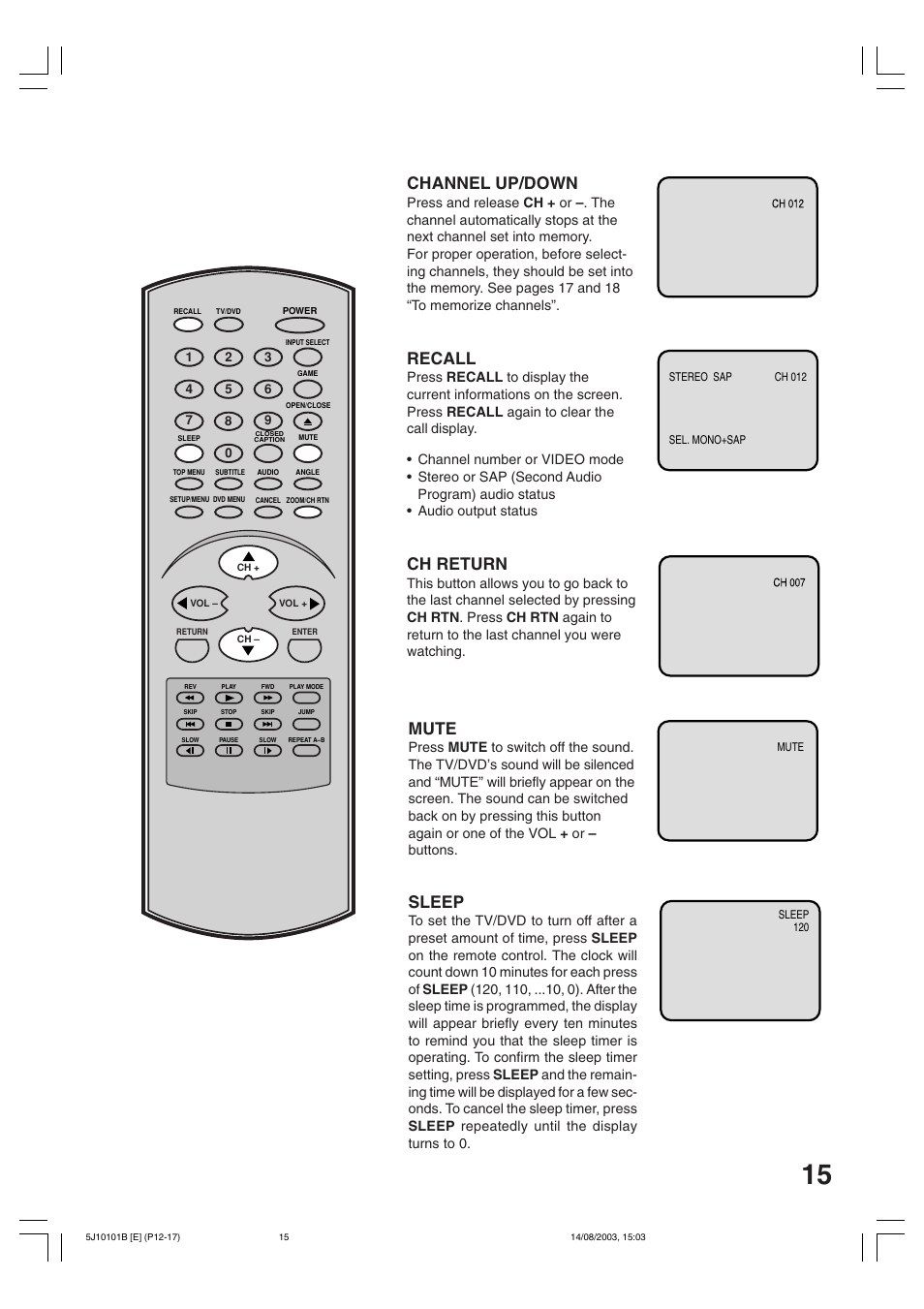 Recall, Channel up/down, Ch return | Sleep, Mute | Toshiba MD19N1/R User Manual | Page 15 / 47