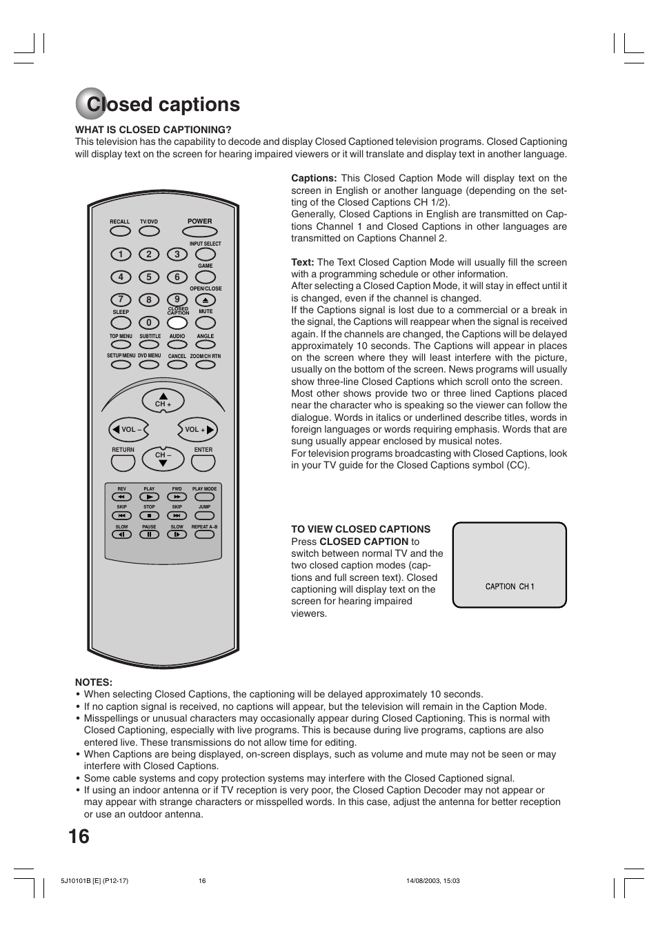 Closed captions | Toshiba MD19N1/R User Manual | Page 16 / 47