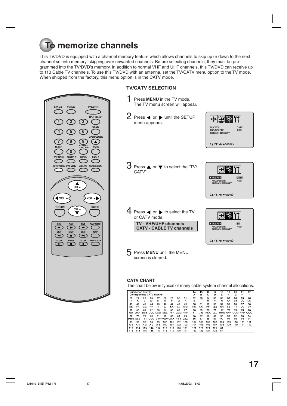 To memorize channels, Tv/catv selection | Toshiba MD19N1/R User Manual | Page 17 / 47