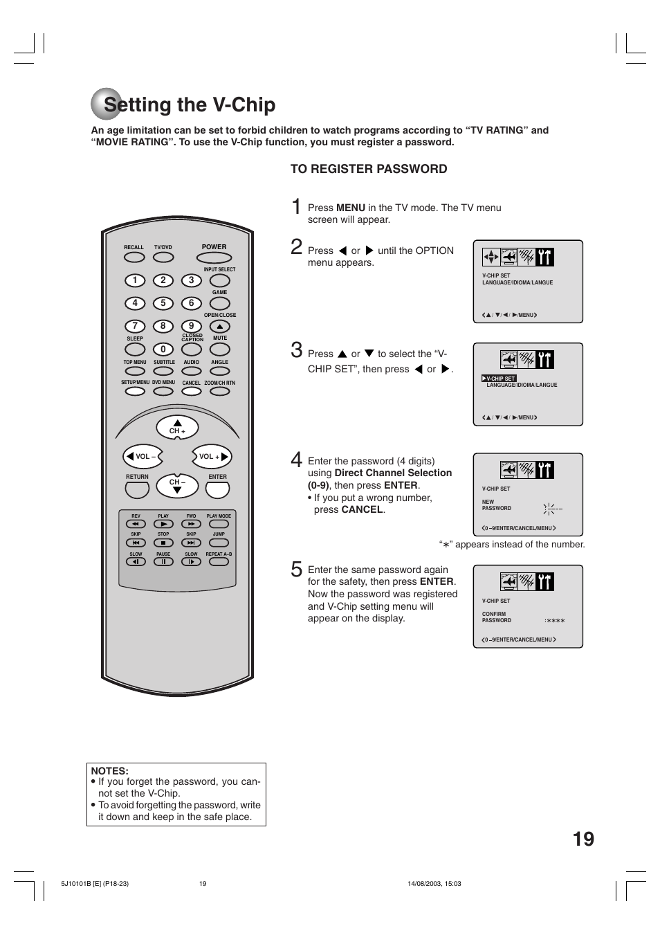 Setting the v-chip | Toshiba MD19N1/R User Manual | Page 19 / 47