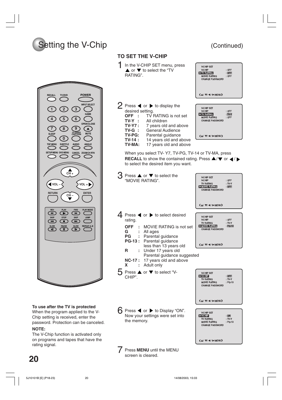 Setting the v-chip, Continued) | Toshiba MD19N1/R User Manual | Page 20 / 47
